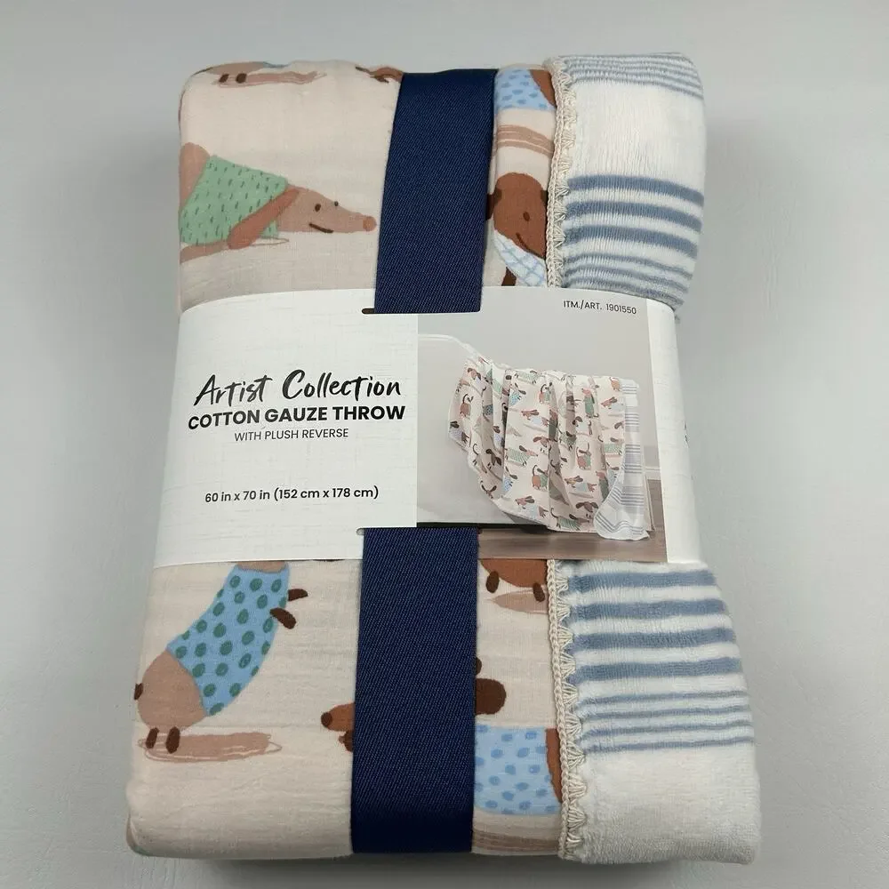 Artist Collection Cotton Gauze Throw Plush Reverse Dachshund Dog Blanket 60x70